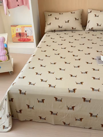 91家纺网 家纺一手货源 找家纺 2025新款全棉双层纱单品床单床笠枕套-单床单 腊肠狗