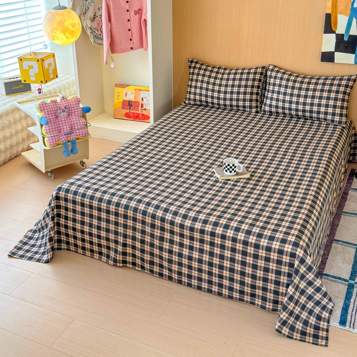 91家纺网 家纺一手货源 找家纺 2025新款全棉双层纱单品床单床笠枕套-单床单 复古格