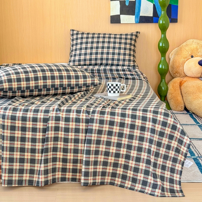 91家纺网 家纺一手货源 找家纺 2025新款全棉双层纱单品床单床笠枕套-单床单 复古格