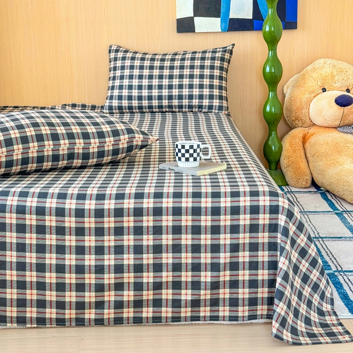 91家纺网 家纺一手货源 找家纺 2025新款全棉双层纱单品床单床笠枕套-单床单 复古格