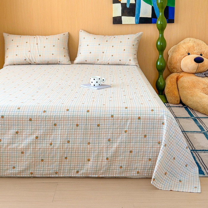 2025新款全棉双层纱单品床单床笠枕套-单床单 格子草莓