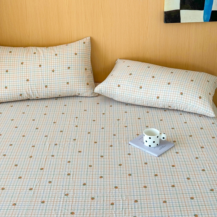 91家纺网 家纺一手货源 找家纺 2025新款全棉双层纱单品床单床笠枕套-单床单 格子草莓