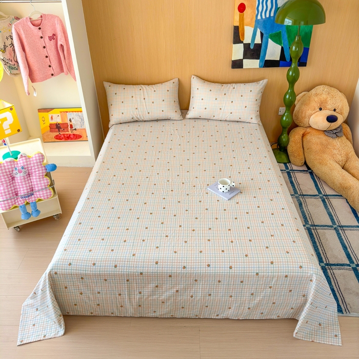 91家纺网 家纺一手货源 找家纺 2025新款全棉双层纱单品床单床笠枕套-单床单 格子草莓