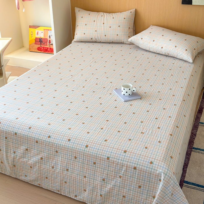 91家纺网 家纺一手货源 找家纺 2025新款全棉双层纱单品床单床笠枕套-单床单 格子草莓