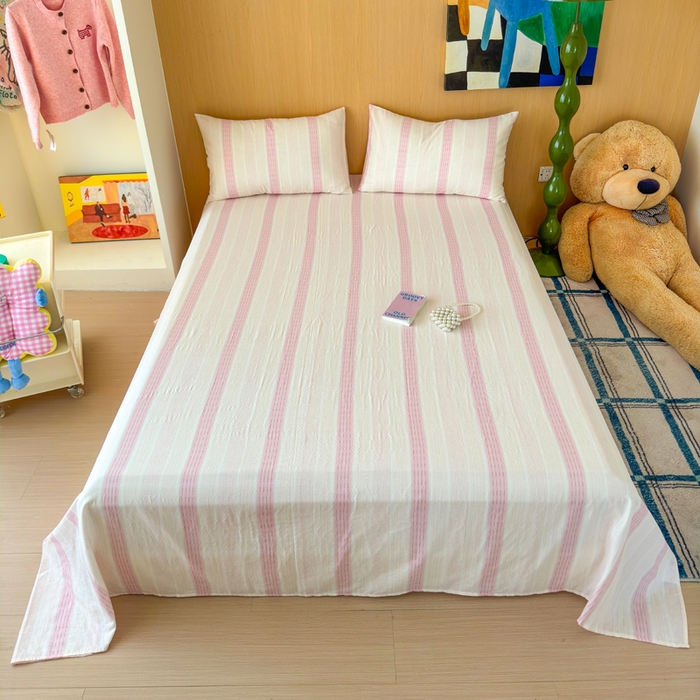 91家纺网 家纺一手货源 找家纺 2025新款全棉双层纱单品床单床笠枕套-单床单 简爱粉