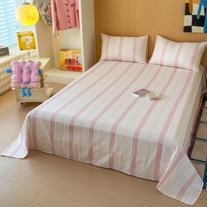 91家纺网 家纺一手货源 找家纺 2025新款全棉双层纱单品床单床笠枕套-单床单 简爱粉