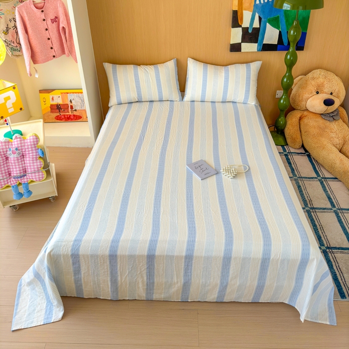 91家纺网 家纺一手货源 找家纺 2025新款全棉双层纱单品床单床笠枕套-单床单 简爱蓝