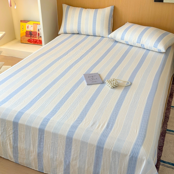 91家纺网 家纺一手货源 找家纺 2025新款全棉双层纱单品床单床笠枕套-单床单 简爱蓝