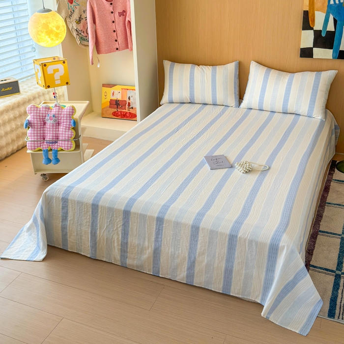 91家纺网 家纺一手货源 找家纺 2025新款全棉双层纱单品床单床笠枕套-单床单 简爱蓝