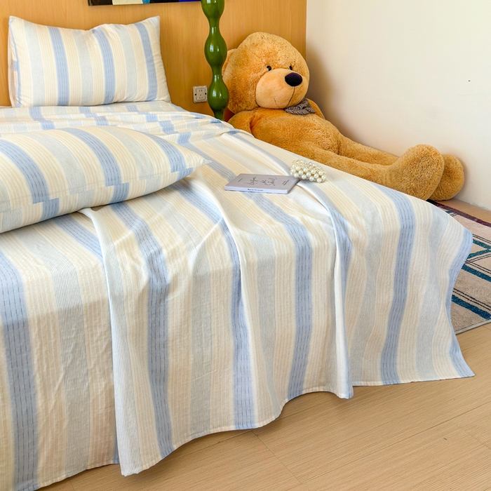 91家纺网 家纺一手货源 找家纺 2025新款全棉双层纱单品床单床笠枕套-单床单 简爱蓝