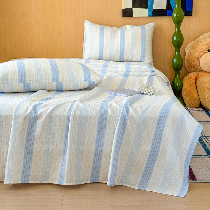 91家纺网 家纺一手货源 找家纺 2025新款全棉双层纱单品床单床笠枕套-单床单 简爱蓝