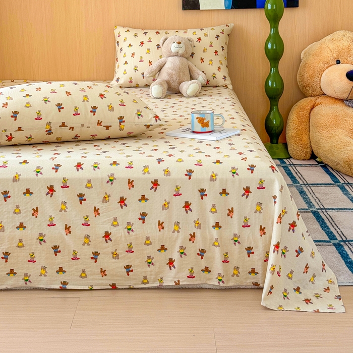 91家纺网 家纺一手货源 找家纺 2025新款全棉双层纱单品床单床笠枕套-单床单 啾啾熊