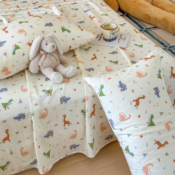 91家纺网 家纺一手货源 找家纺 2025新款全棉双层纱单品床单床笠枕套-单床单 恐龙园