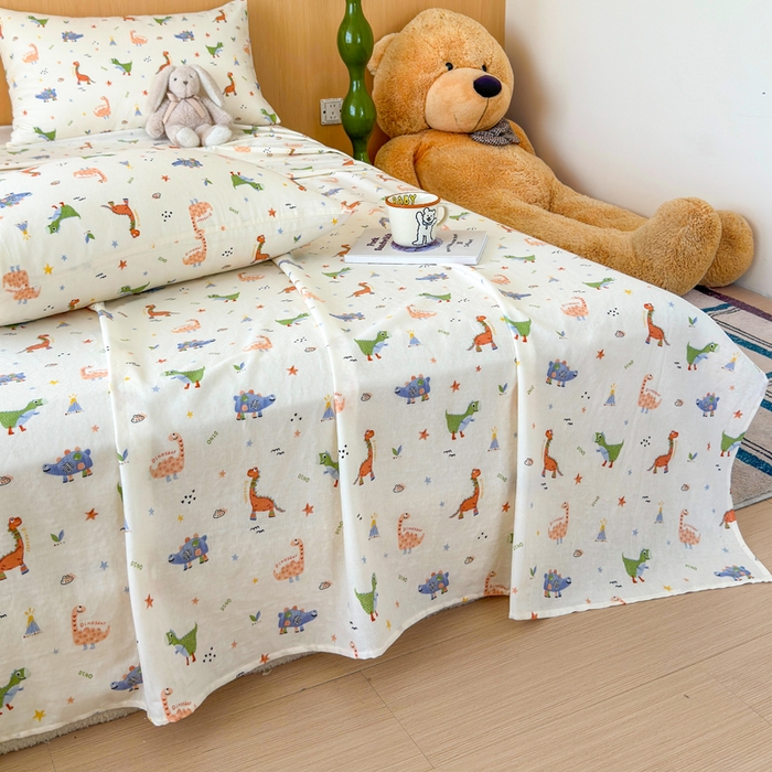 91家纺网 家纺一手货源 找家纺 2025新款全棉双层纱单品床单床笠枕套-单床单 恐龙园