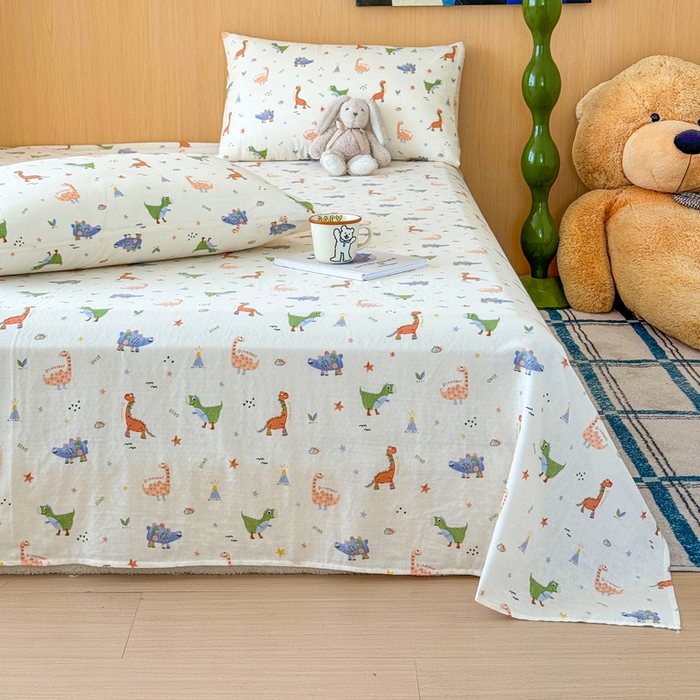 91家纺网 家纺一手货源 找家纺 2025新款全棉双层纱单品床单床笠枕套-单床单 恐龙园