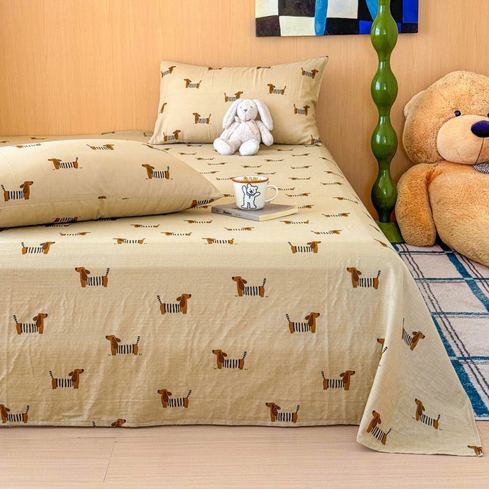 91家纺网 家纺一手货源 找家纺 2025新款全棉双层纱单品床单床笠枕套-单床单 腊肠狗