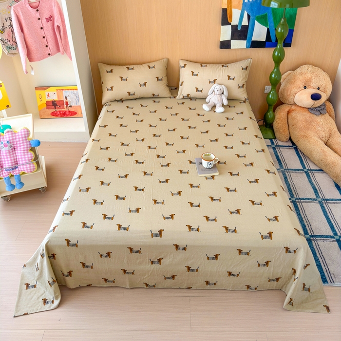 91家纺网 家纺一手货源 找家纺 2025新款全棉双层纱单品床单床笠枕套-单床单 腊肠狗