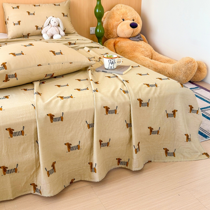 91家纺网 家纺一手货源 找家纺 2025新款全棉双层纱单品床单床笠枕套-单床单 腊肠狗