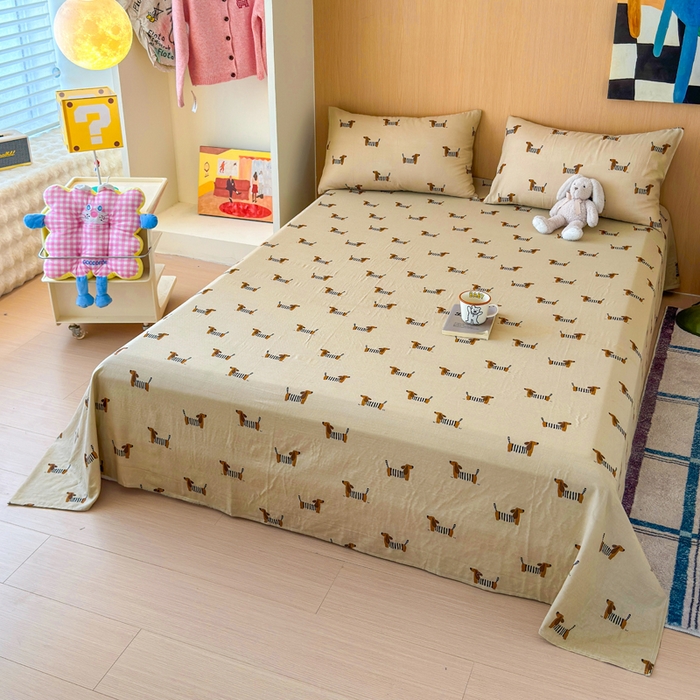 91家纺网 家纺一手货源 找家纺 2025新款全棉双层纱单品床单床笠枕套-单床单 腊肠狗