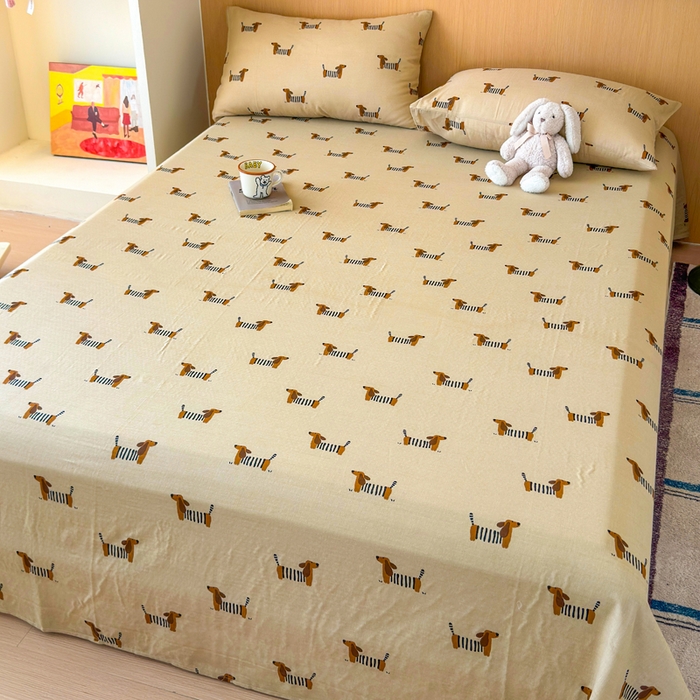 91家纺网 家纺一手货源 找家纺 2025新款全棉双层纱单品床单床笠枕套-单床单 腊肠狗