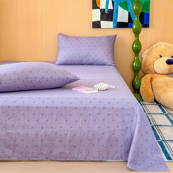 91家纺网 家纺一手货源 找家纺 2025新款全棉双层纱单品床单床笠枕套-单床单 紫樱桃