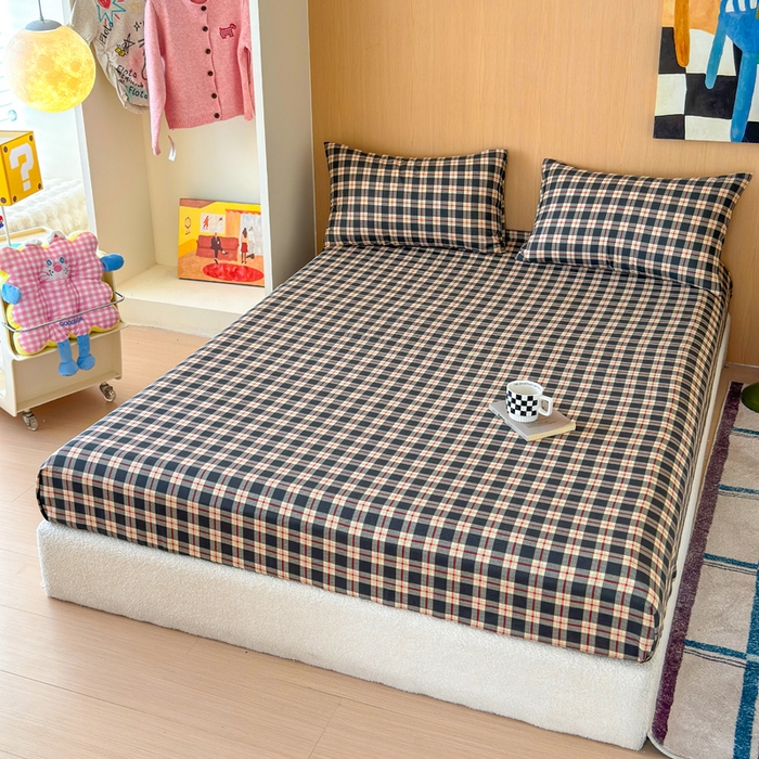 91家纺网 家纺一手货源 找家纺 感遇家纺 2025新款全棉双层纱单品床单床笠枕套-单床笠 复古格