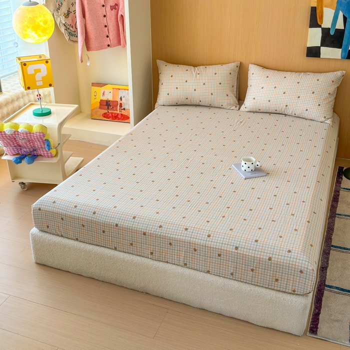 91家纺网 家纺一手货源 找家纺 感遇家纺 2025新款全棉双层纱单品床单床笠枕套-单床笠 格子草莓