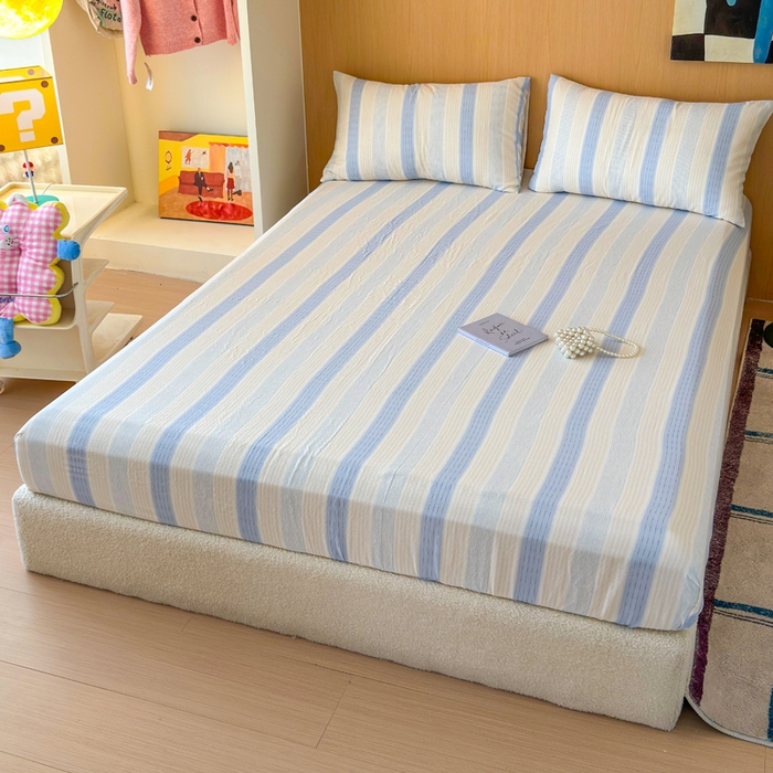 91家纺网 家纺一手货源 找家纺 感遇家纺 2025新款全棉双层纱单品床单床笠枕套-单床笠 简爱蓝