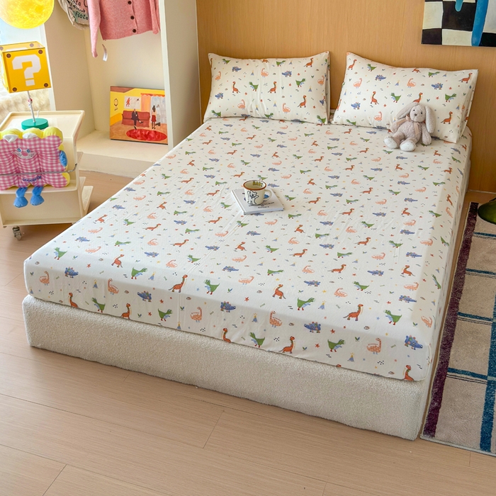 91家纺网 家纺一手货源 找家纺 感遇家纺 2025新款全棉双层纱单品床单床笠枕套-单床笠 恐龙园