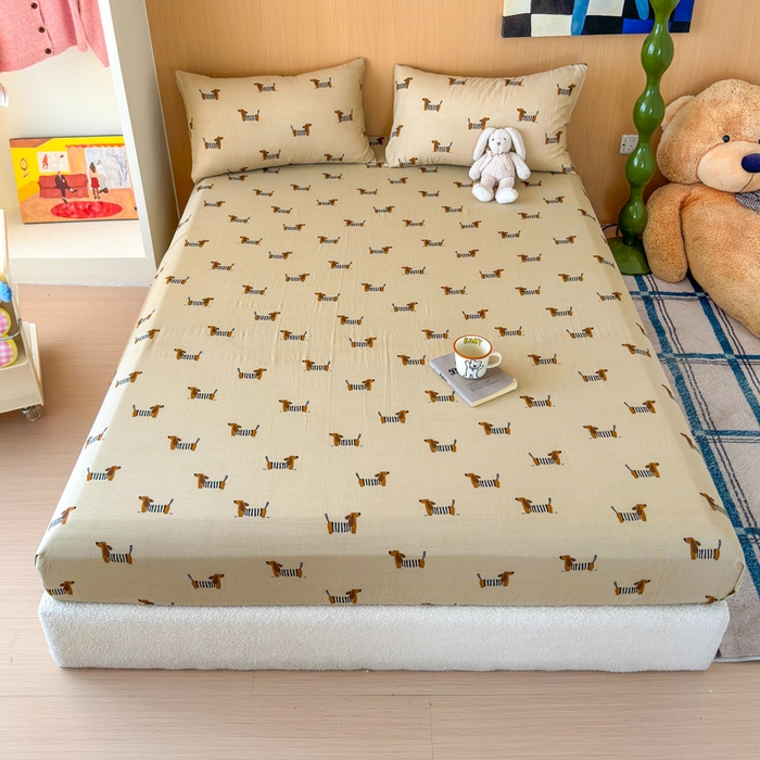 感遇家纺 2025新款全棉双层纱单品床单床笠枕套-单床笠 腊肠狗