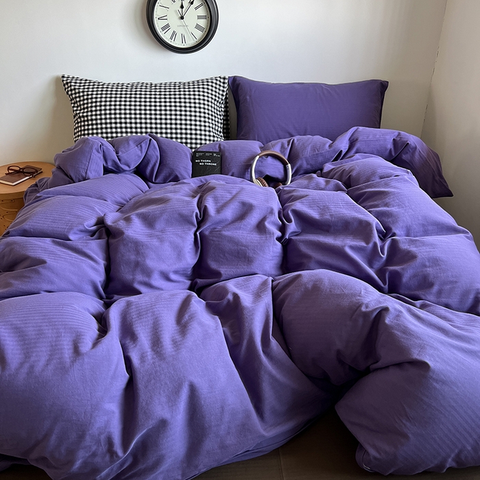 91家纺网 家纺一手货源 找家纺 蜜宿 2025新款全棉人字纹四件套-春日栗子 春日栗子（黑小格混搭紫萝）