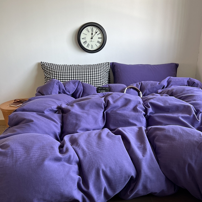 91家纺网 家纺一手货源 找家纺 蜜宿 2025新款全棉人字纹四件套-春日栗子 春日栗子（黑小格混搭紫萝）