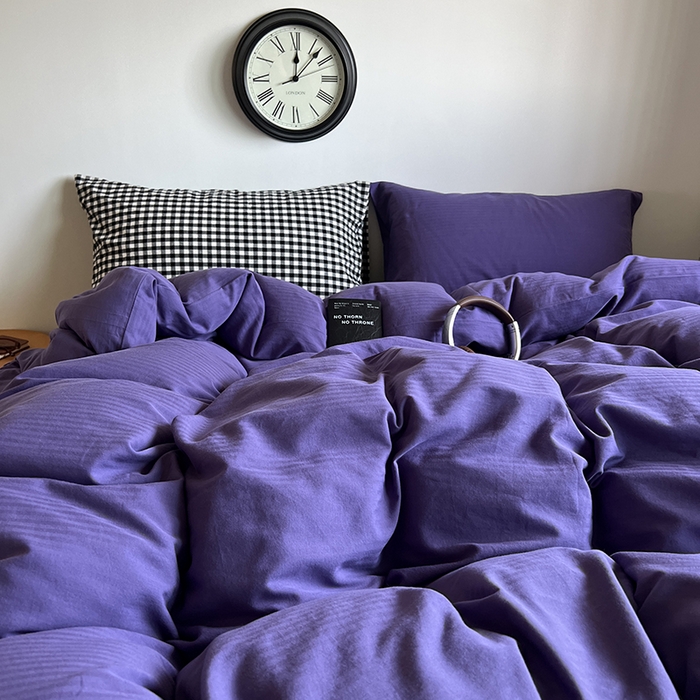 91家纺网 家纺一手货源 找家纺 蜜宿 2025新款全棉人字纹四件套-春日栗子 春日栗子（黑小格混搭紫萝）