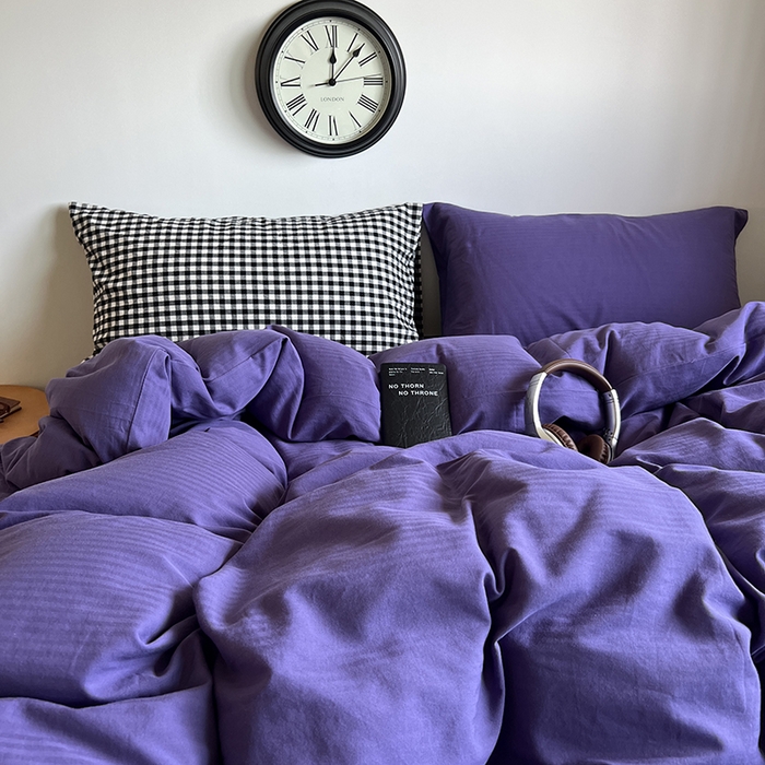 91家纺网 家纺一手货源 找家纺 蜜宿 2025新款全棉人字纹四件套-春日栗子 春日栗子（黑小格混搭紫萝）