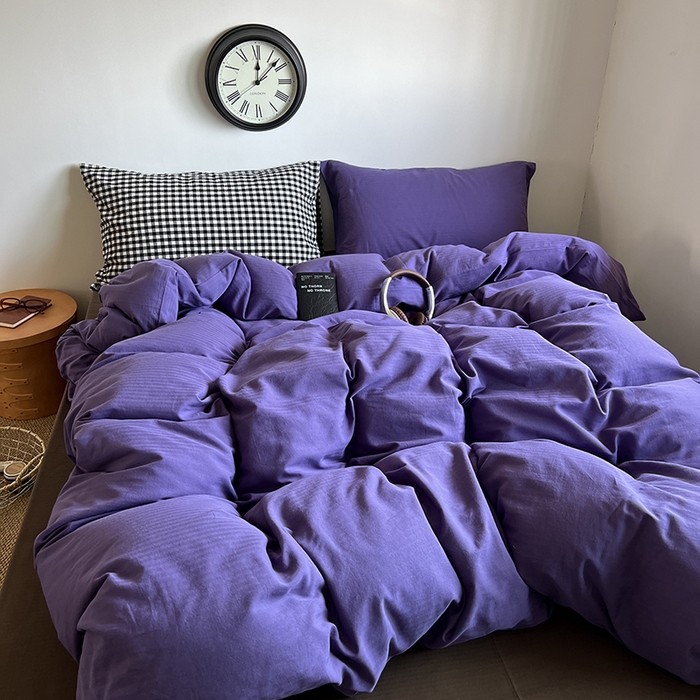 91家纺网 家纺一手货源 找家纺 蜜宿 2025新款全棉人字纹四件套-春日栗子 春日栗子（黑小格混搭紫萝）