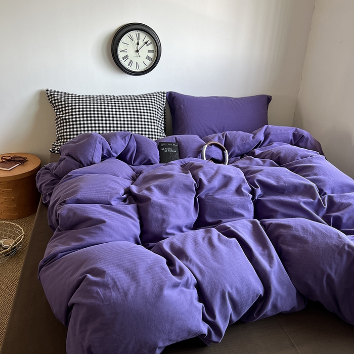 91家纺网 家纺一手货源 找家纺 蜜宿 2025新款全棉人字纹四件套-春日栗子 春日栗子（黑小格混搭紫萝）