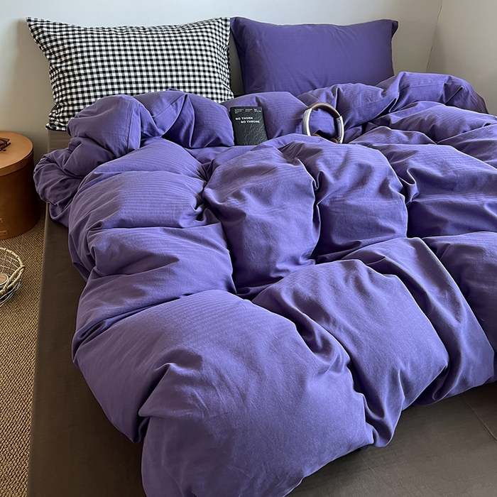 91家纺网 家纺一手货源 找家纺 蜜宿 2025新款全棉人字纹四件套-春日栗子 春日栗子（黑小格混搭紫萝）