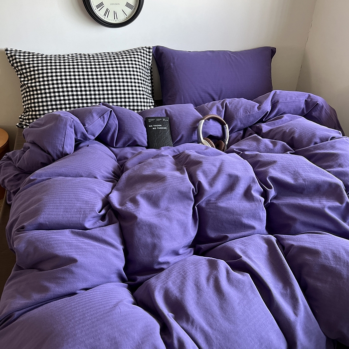 91家纺网 家纺一手货源 找家纺 蜜宿 2025新款全棉人字纹四件套-春日栗子 春日栗子（黑小格混搭紫萝）