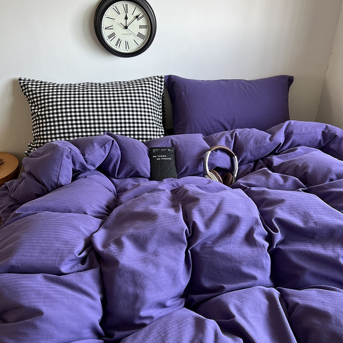 91家纺网 家纺一手货源 找家纺 蜜宿 2025新款全棉人字纹四件套-春日栗子 春日栗子（黑小格混搭紫萝）