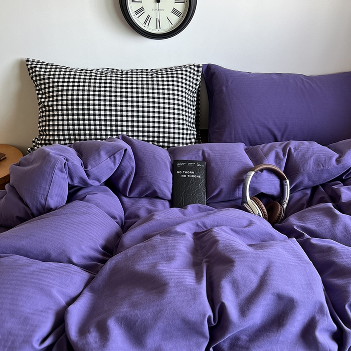 91家纺网 家纺一手货源 找家纺 蜜宿 2025新款全棉人字纹四件套-春日栗子 春日栗子（黑小格混搭紫萝）