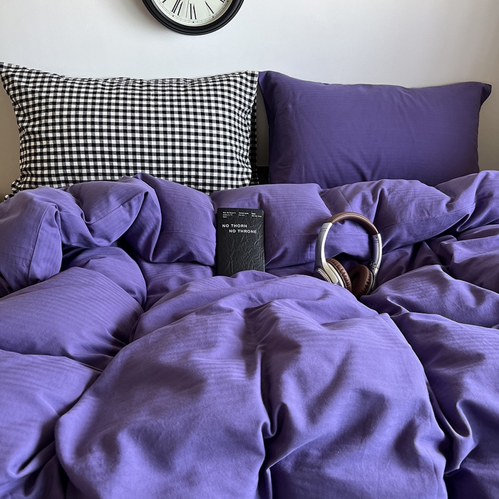 91家纺网 家纺一手货源 找家纺 蜜宿 2025新款全棉人字纹四件套-春日栗子 春日栗子（黑小格混搭紫萝）