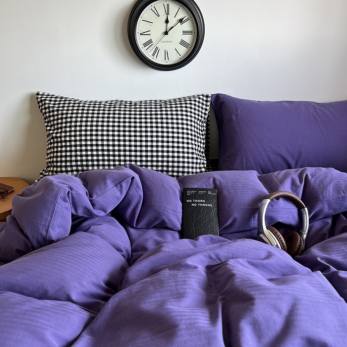 91家纺网 家纺一手货源 找家纺 蜜宿 2025新款全棉人字纹四件套-春日栗子 春日栗子（黑小格混搭紫萝）