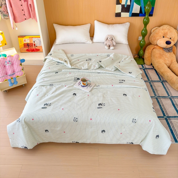 91家纺网 家纺一手货源 找家纺 感遇家纺 2025新款全棉印花夏凉被 灰条猫咪