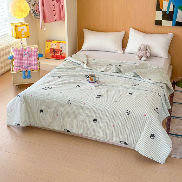 91家纺网 家纺一手货源 找家纺 感遇家纺 2025新款全棉印花夏凉被 灰条猫咪