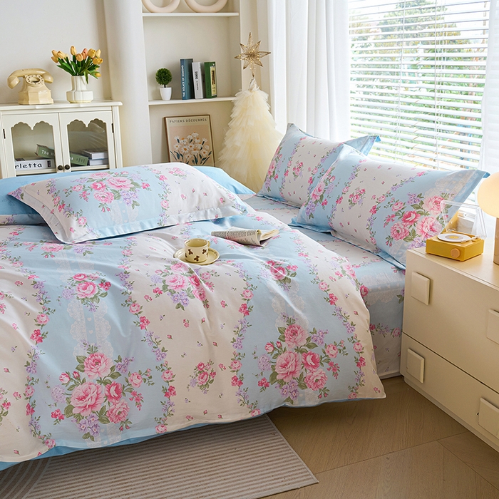 91家纺网 家纺一手货源 找家纺 （总）睡美美家纺 2025新款ins风舒适全棉印花床单床笠款四件套