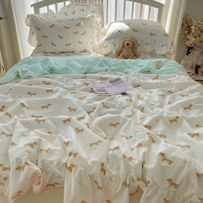 顾里家纺 2025春夏新款韩系云朵棉夏被夏凉被空调被四件套 腊肠狗系粉