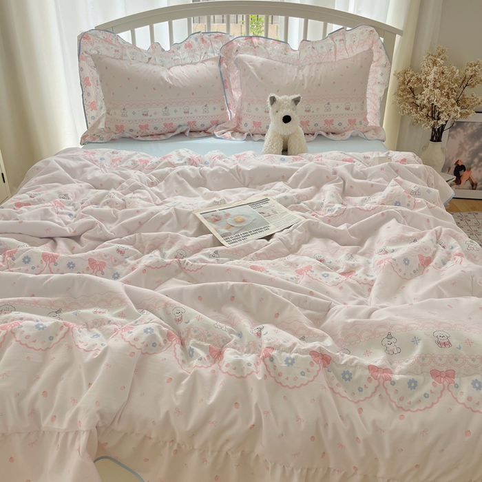 顾里家纺 2025春夏新款韩系云朵棉夏被夏凉被空调被四件套 蕾丝小狗-粉