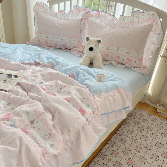 91家纺网 家纺一手货源 找家纺 顾里家纺 2025春夏新款韩系云朵棉夏被夏凉被空调被四件套 蕾丝小狗-粉