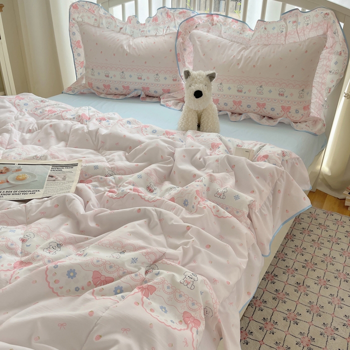 91家纺网 家纺一手货源 找家纺 顾里家纺 2025春夏新款韩系云朵棉夏被夏凉被空调被四件套 蕾丝小狗-粉