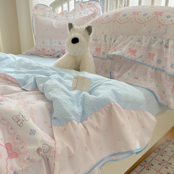 91家纺网 家纺一手货源 找家纺 顾里家纺 2025春夏新款韩系云朵棉夏被夏凉被空调被四件套 蕾丝小狗-粉